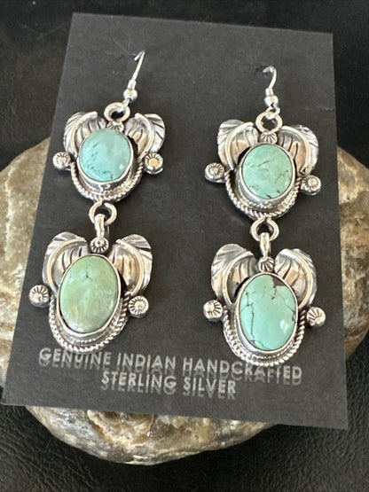 Native Navajo Blue Creek Turquoise Sterling Silver Dangle Earrings 2” 17918