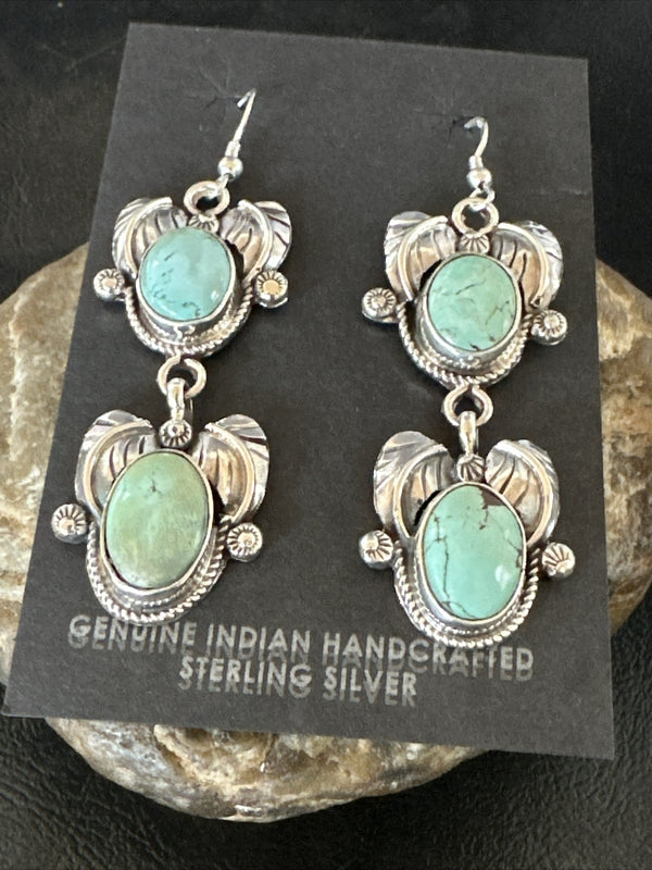 Navajo Blue Creek Turquoise Dangle Earrings 2" | Sterling Silver | Authentic Native American Handmade | 17918