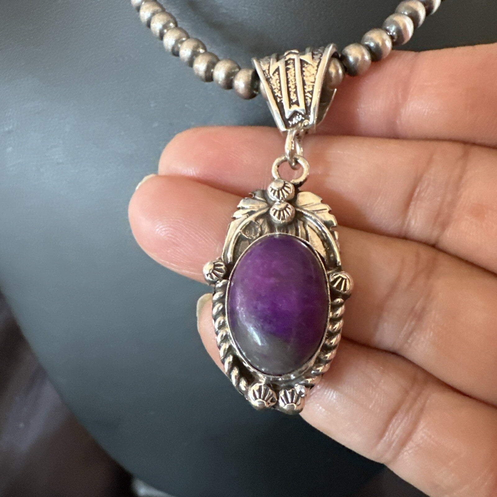Purple Stone Pendant Sterling Silver Beads Necklace 20” 18048