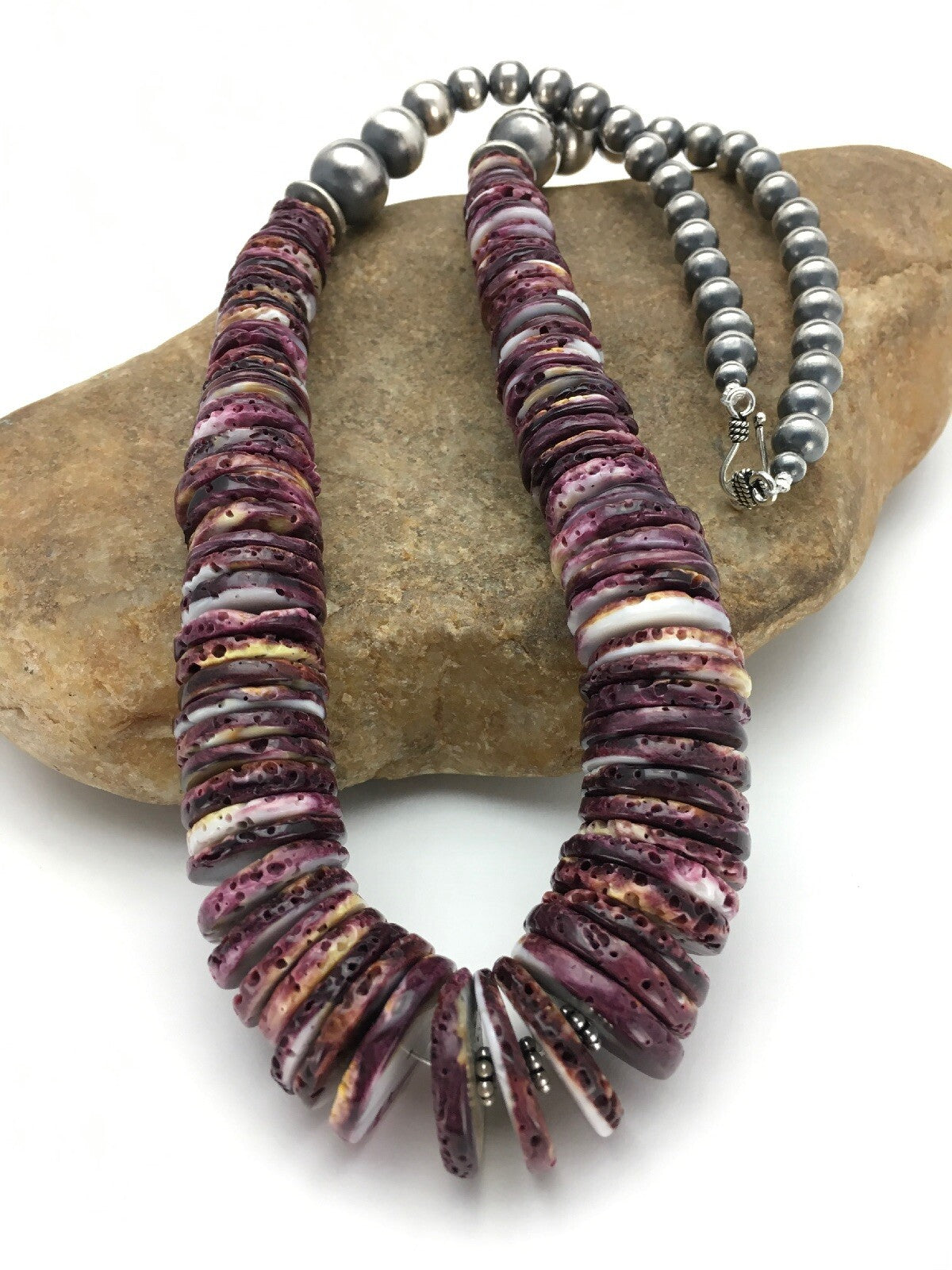 Purple Spiny Oyster Navajo Sterling Silver Beads Necklace 23" 02656