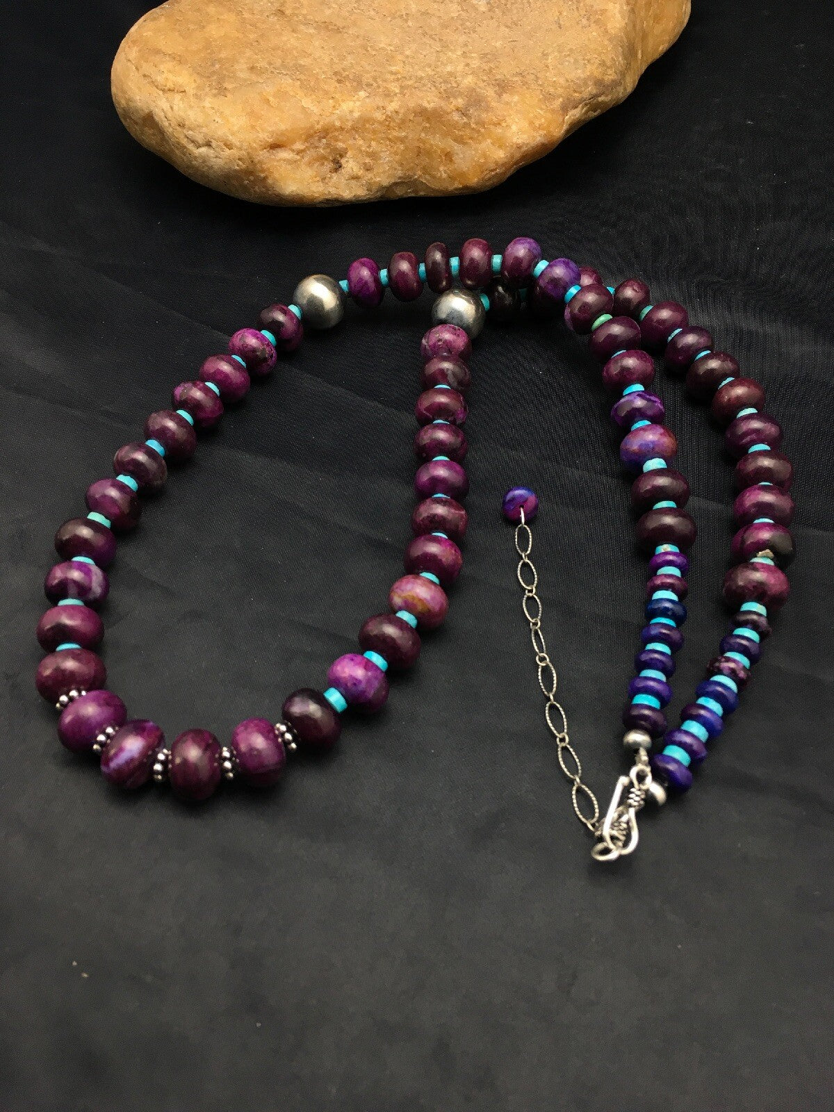Purple Stone & Turquoise Bead Navajo Indian Sterling Necklace 27" 04061