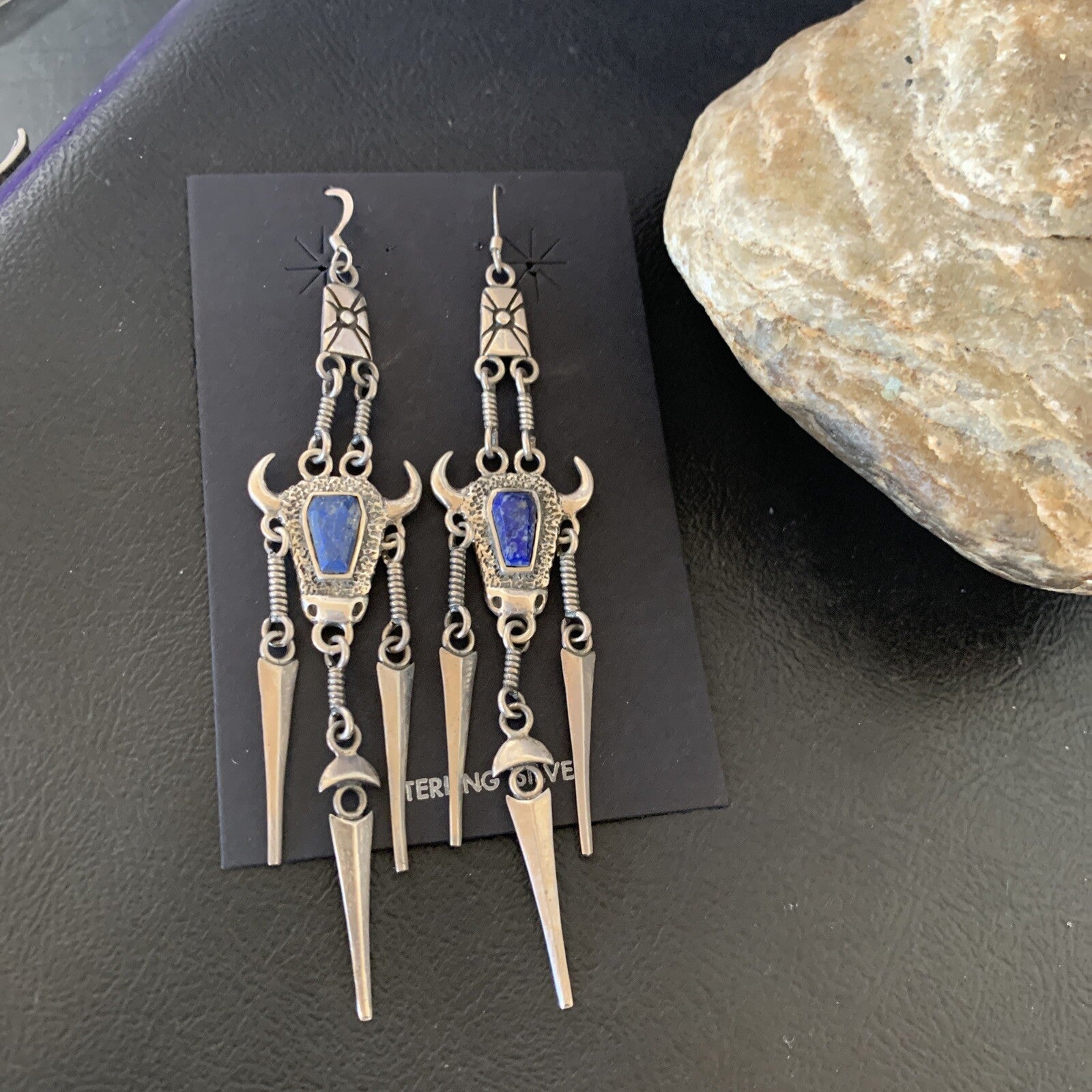 Denim Blue Lapis Lazuli Inlay Navajo Sterling Silver Dangle Earrings 04518