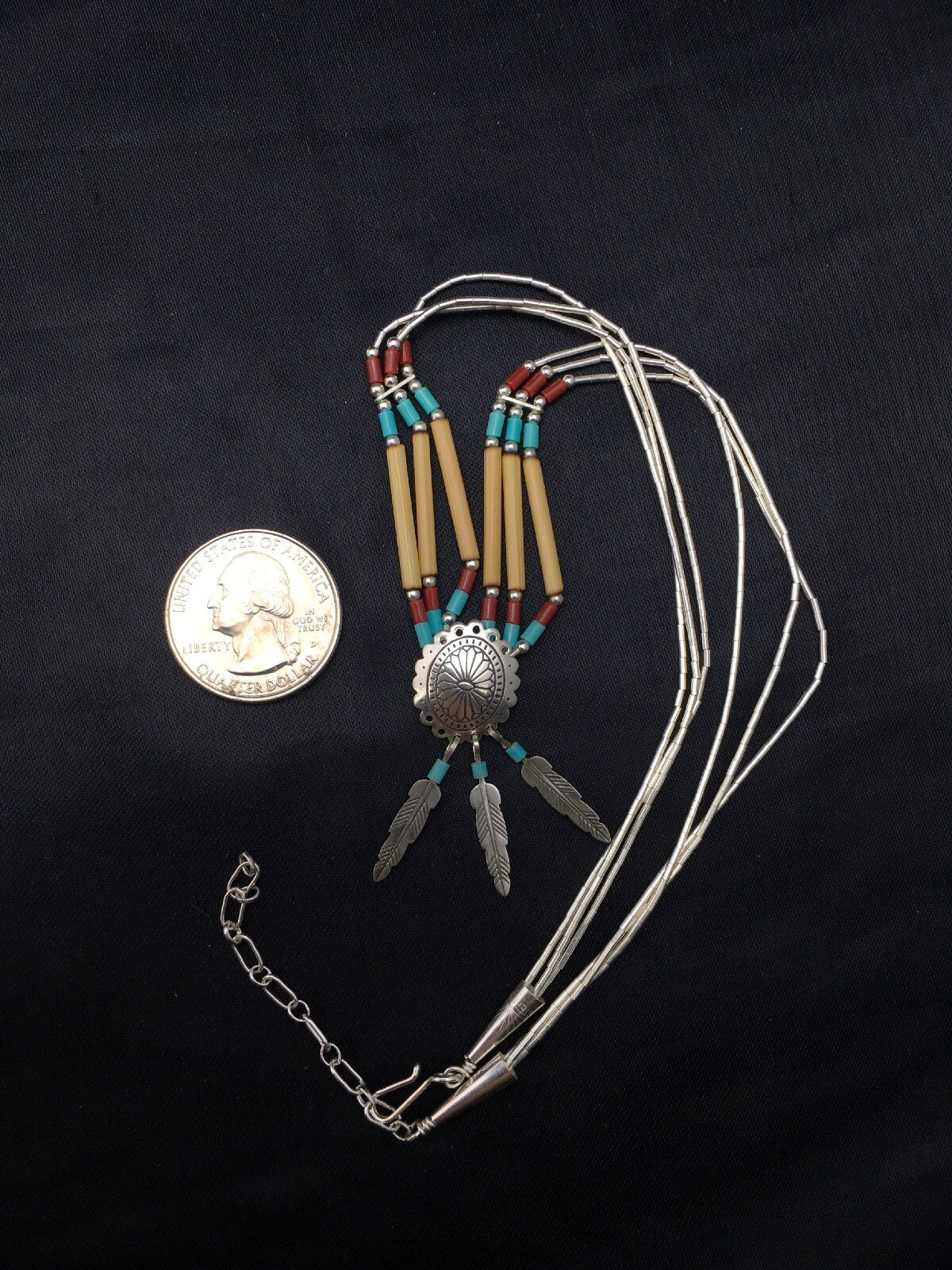 Concho Heishi Tubes 3 Strand Liquid Sterling Silver Navajo Necklace 4373