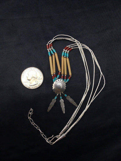 Concho Heishi Tubes 3 Strand Liquid Sterling Silver Navajo Necklace 4373
