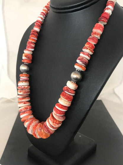 Native American Red Spiny Oyster Navajo Sterling Silver Necklace 08484