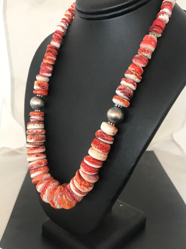 Red Spiny Oyster Navajo Necklace | Sterling Silver | Authentic Native American Handmade | 08484