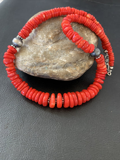 Red Coral Graduated Navajo Pearls Sterling Silver Bead Necklace 18" 01950