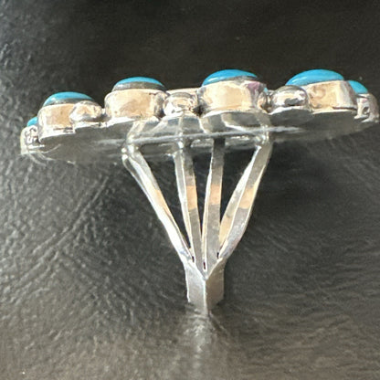 Blue Kingman Turquoise MOP Navajo Sterling Silver Cluster Ring Size 10 18395
