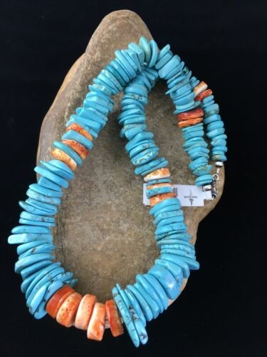 Navajo Sterling Silver Blue Turquoise Spiny Oyster 23" Necklace 16902