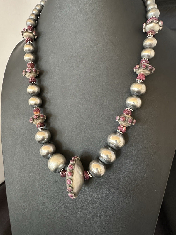 Purple Spiny Oyster Navajo Pearls Graduated Necklace 23" | Sterling Silver | Authentic Native American Handmade | 19444