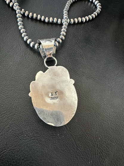 White Buffalo Turquoise Pendant Navajo Pearls Sterling Silver Necklace 19377