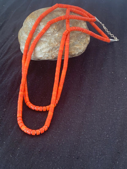 Apple Coral Tube Heishi Bead 2 Strand Navajo Sterling Silver Necklace 4700