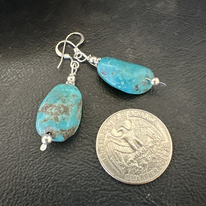 Blue Turquoise Nugget Sterling Silver Beads Earrings 1" 17867