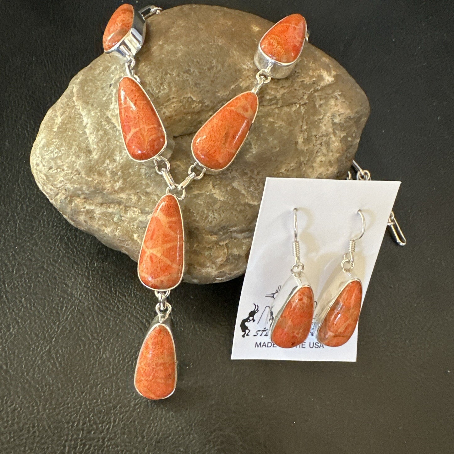 Women Apple Coral Lariat Necklace Pendant Earrings Sterling Silver 16” 18409