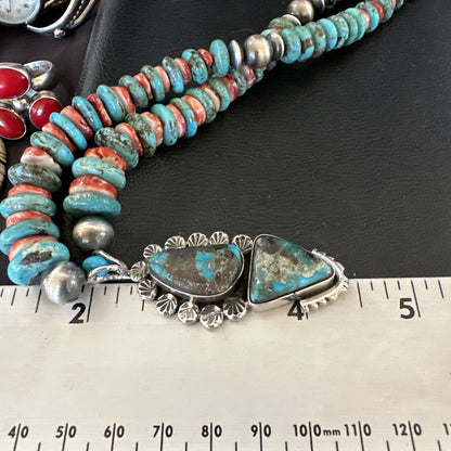 Blue Kingman Turquoise Spiny Navajo Sterling Silver Pendant Necklace 23” 17690