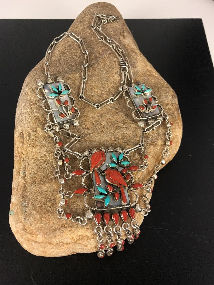 Turquoise & Coral Pendant Zuni Sterling Silver Museum Collectible Necklace 03029