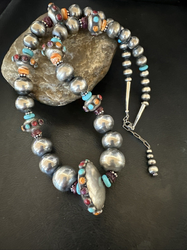 Multicolor Spiny Navajo Pearls Turquoise Necklace 23" | Sterling Silver | Authentic Native American Handmade | 19447