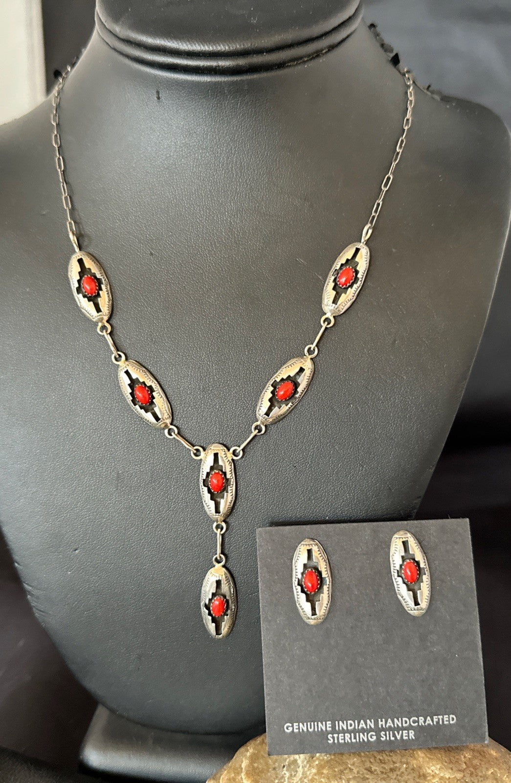 Old Native Navajo Red Coral Sterling Silver Shadowbox Necklace Earrings 18”19102