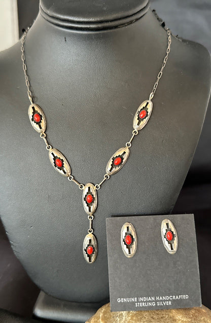 Old Native Navajo Red Coral Sterling Silver Shadowbox Necklace Earrings 18”19102
