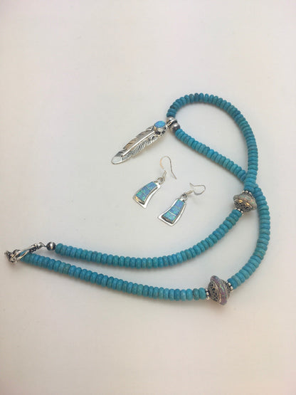 Native Opal & Turquoise Pendant Sterling Silver Necklace & Earrings 08905
