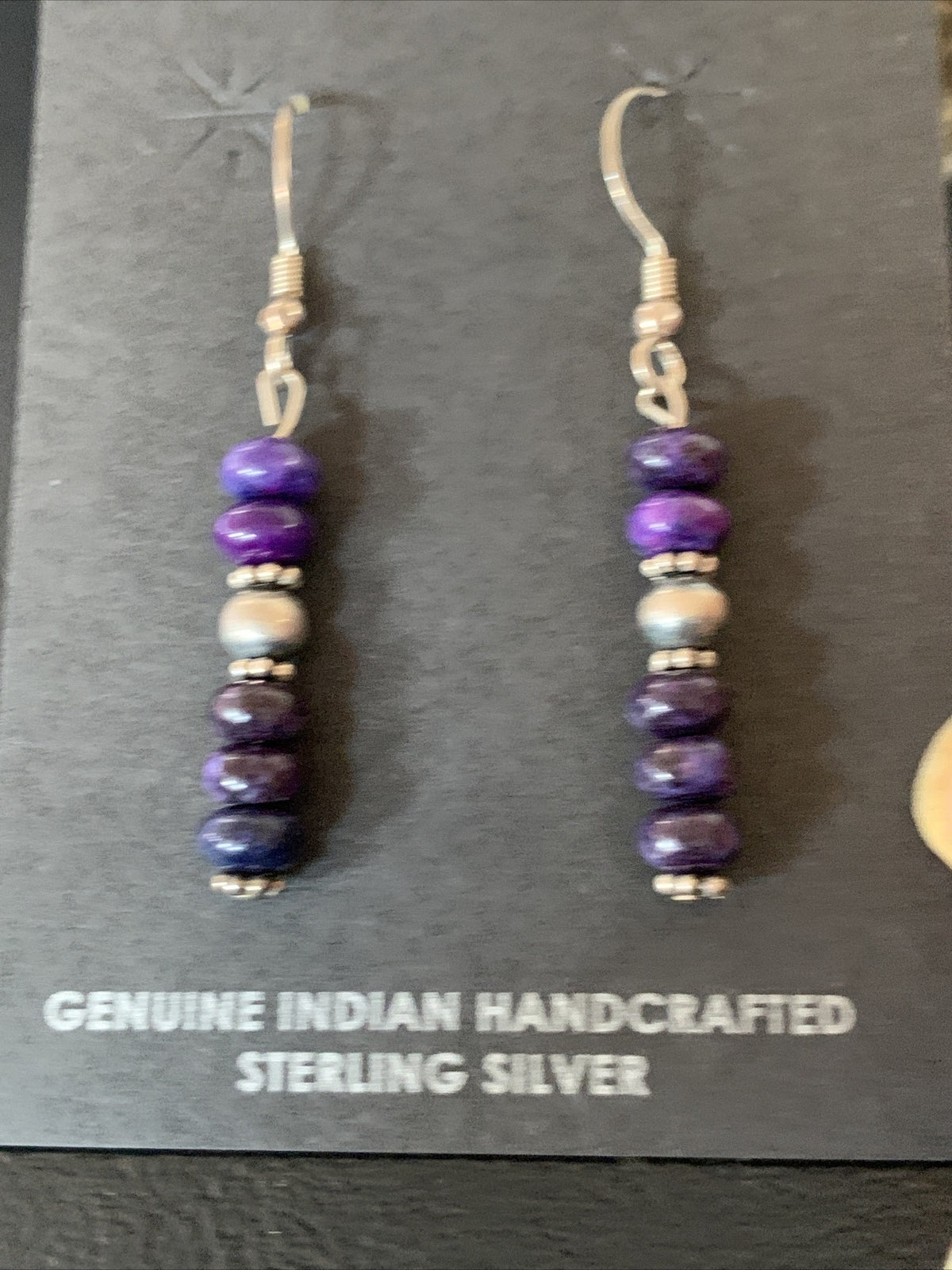 Purple Stone Navajo Sterling Silver Dangle Bead Earrings 1" 15353