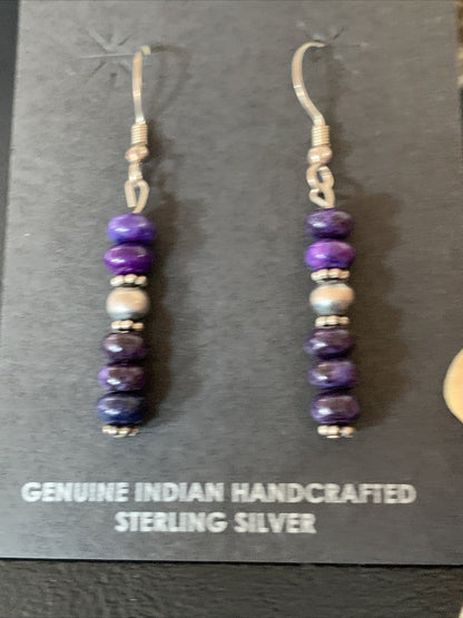 Purple Stone Navajo Sterling Silver Dangle Bead Earrings 1" 15353