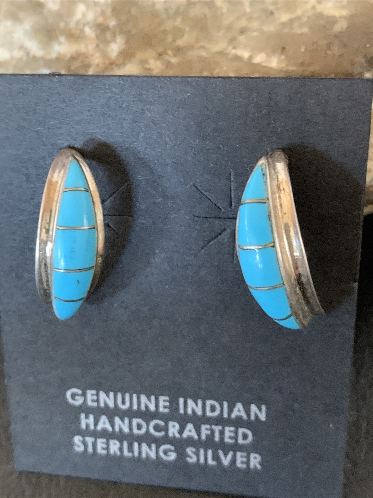 Southwestern Zuni Blue Turquoise Sterling Silver Inlay Hoop Earrings 0.75" 13023