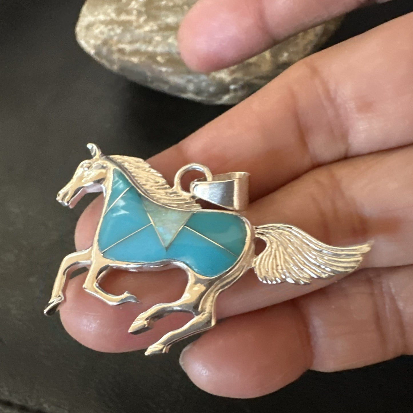 Horse Inlay Southwestern Cowboy Blue Turquoise Sterling Silver Pendant 2” 19160