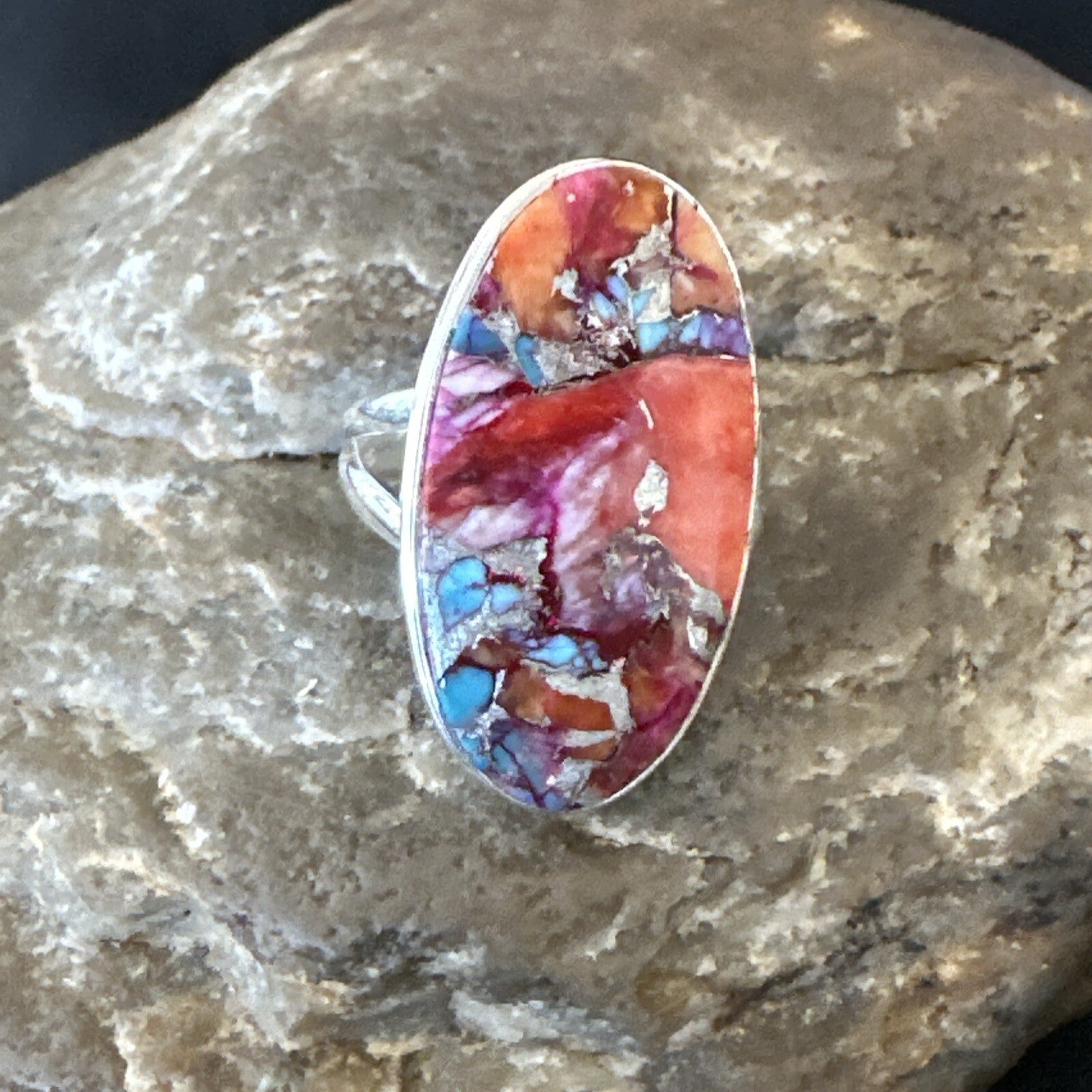 Blue Turquoise Spiny Oyster Southwestern Sterling Silver Ring Size 8 18481