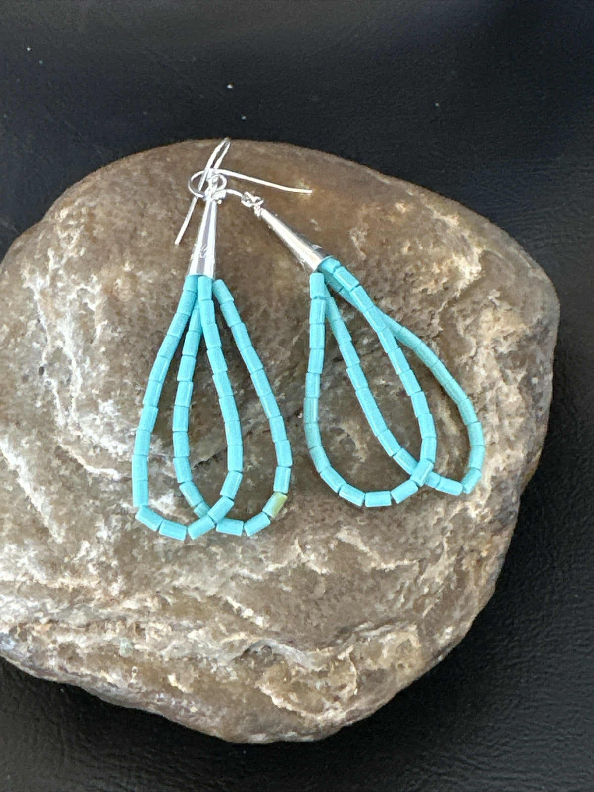 Heishi Dangle Blue Turquoise Sterling Earrings 2” 17955