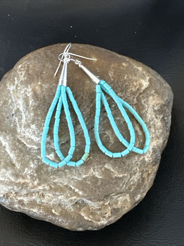 Heishi Dangle Blue Turquoise Earrings 2" | Sterling Silver | Authentic Native American Handmade | 17955
