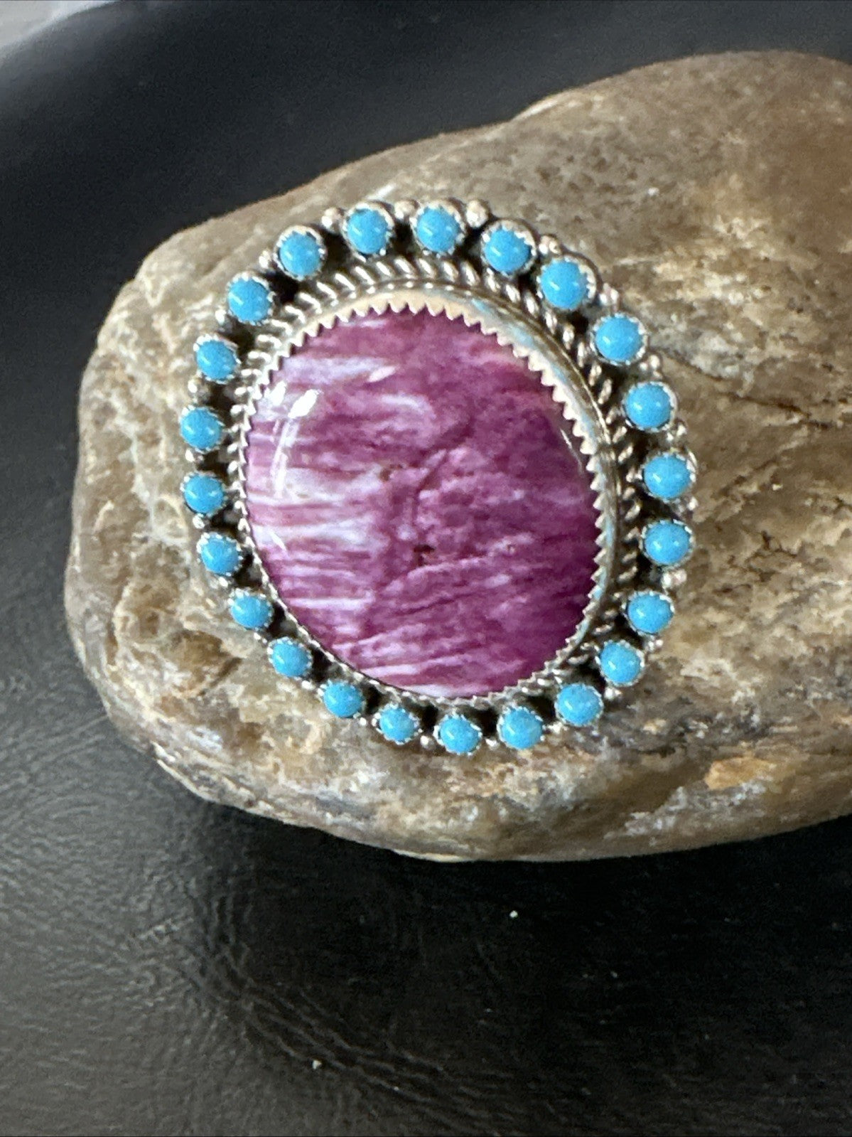 Cluster Kingman Turquoise Purple Spiny Navajo Sterling Silver Ring Sz 10 19104