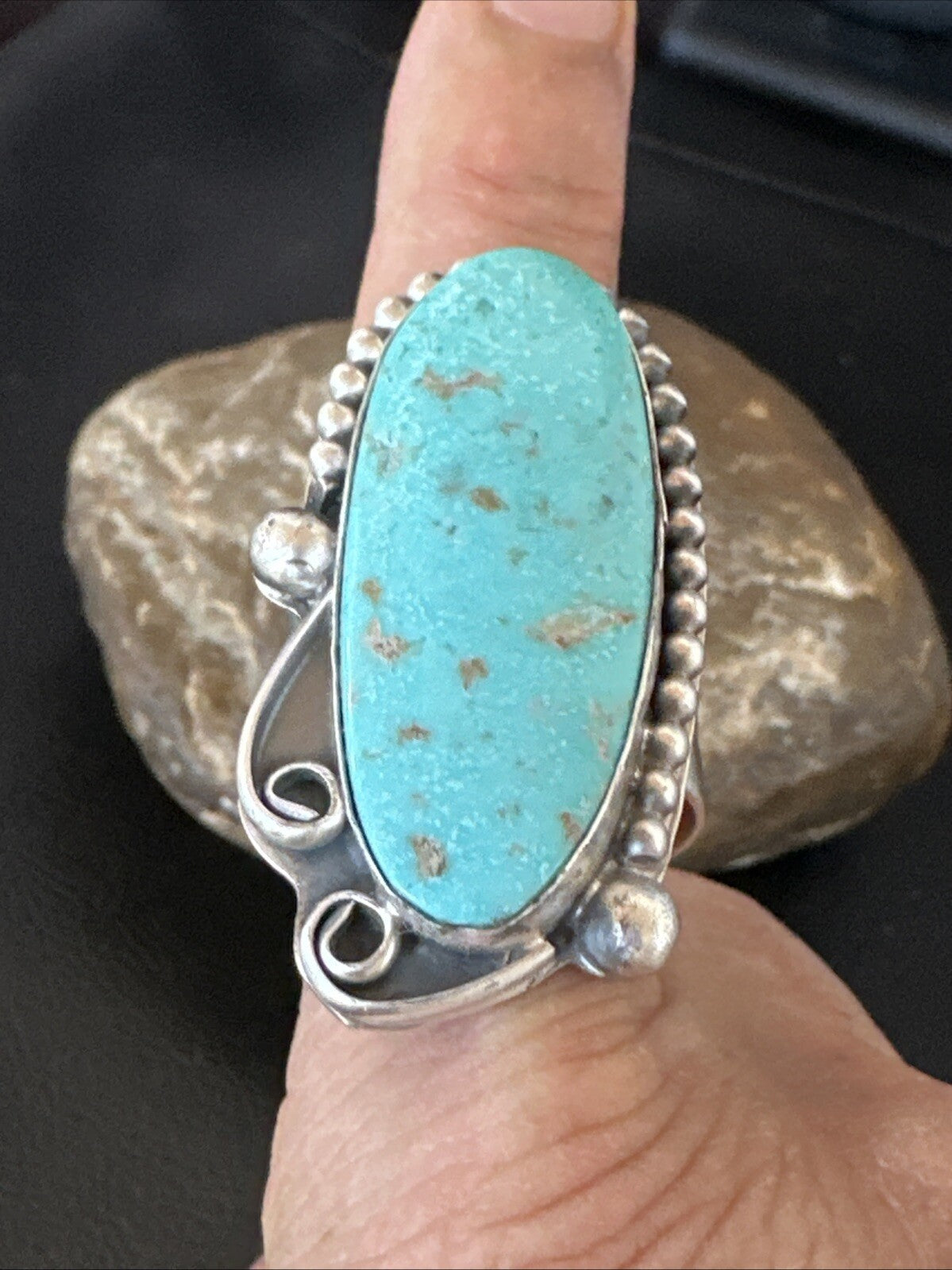 Navajo Sterling Silver Blue Turquoise Stamped Ring Size 11 18771