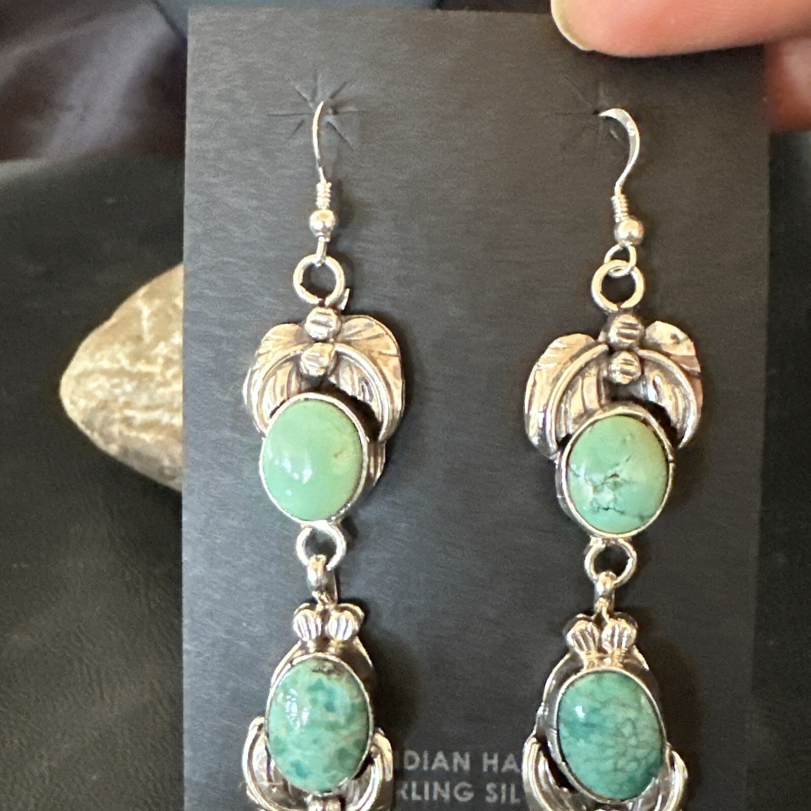 Native Navajo Green Turquoise Sterling Silver Dangle Earrings 2” 17913