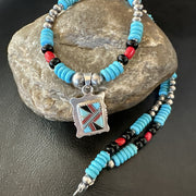 Multicolor Turquoise Coral Navajo Inlay Pendant Necklace | Sterling Silver | Authentic Native American Handmade | 19649