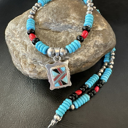 Multicolor Turquoise Coral Navajo Sterling Silver Inlay Pendant Necklace 19649