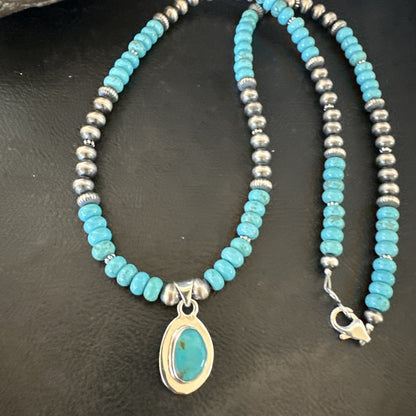 WoMens Blue Kingman Turquoise Pendant Navajo Sterling Silver Necklace 21" 17931