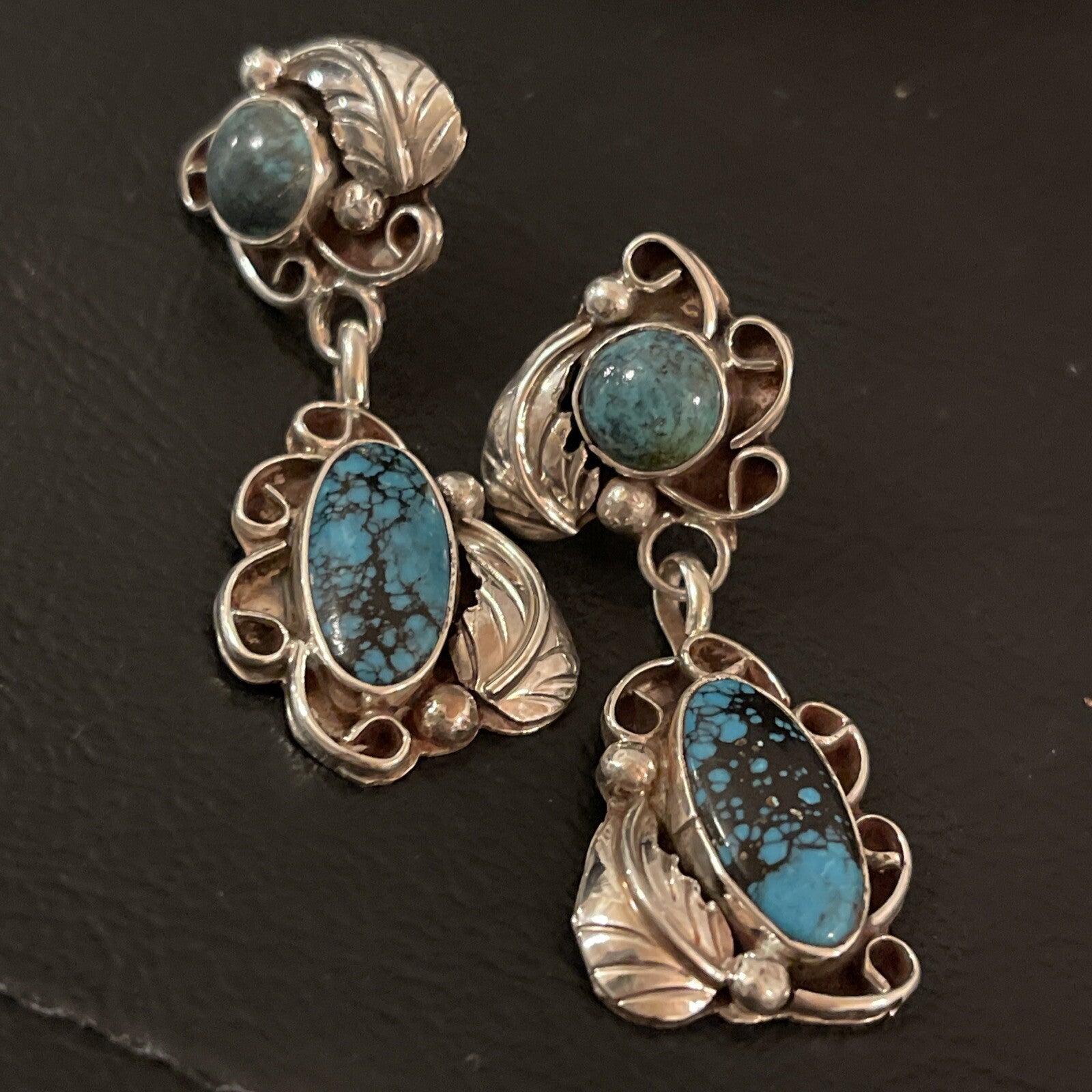 Spiderweb Turquoise Navajo Sterling Silver Post Dangle Earrings 02026