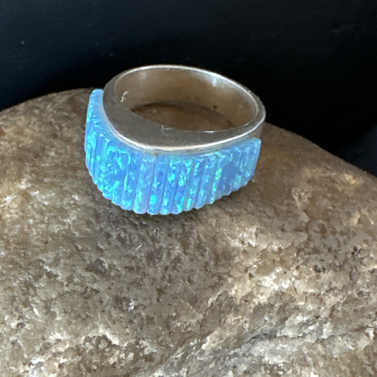 Blue Opal Navajo Sterling Silver Band Inlay Ring Size7 18799