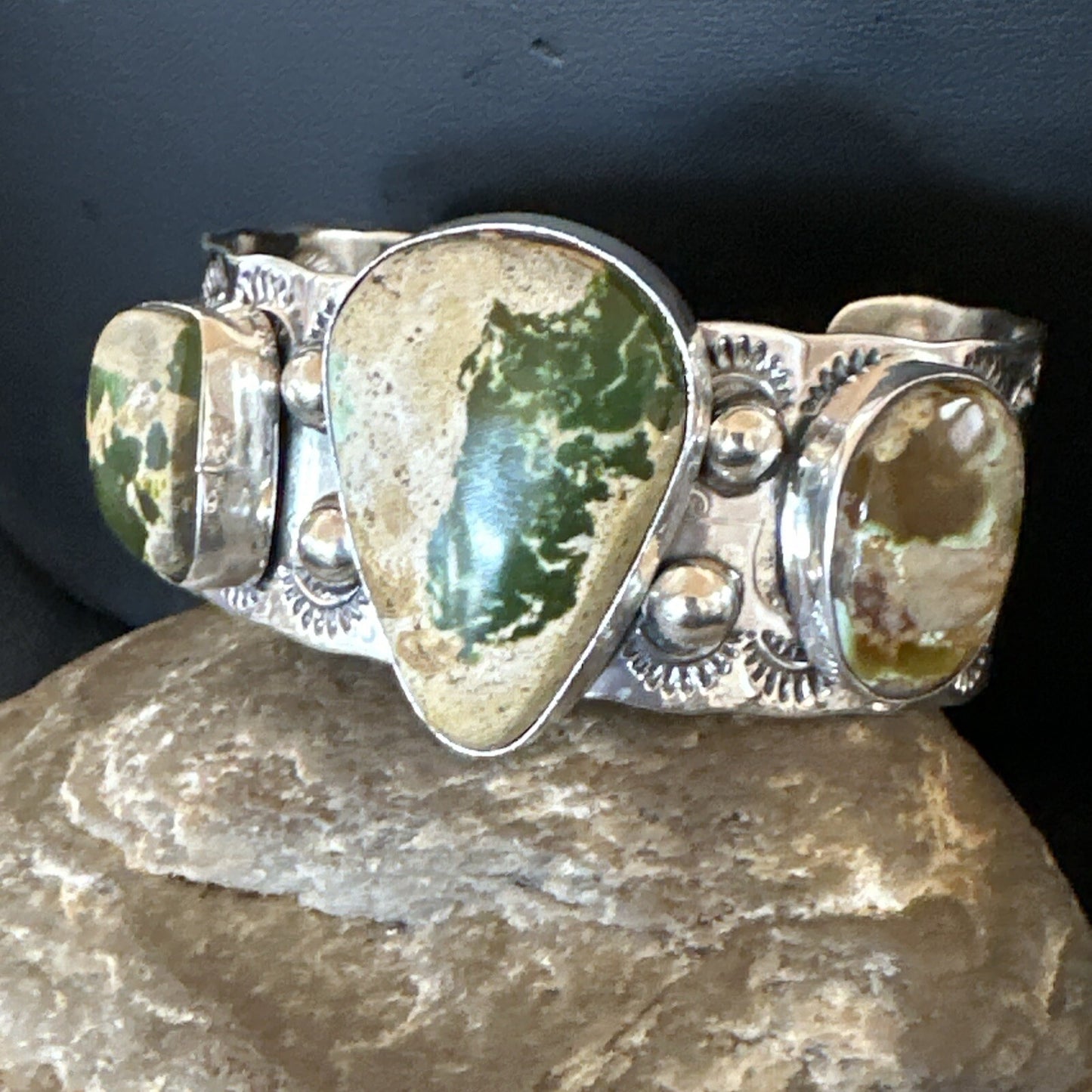 Navajo Green Royston TURQUOISE Stamped Sterling Silver Cuff Bracelet 18975