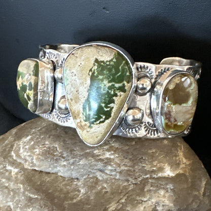 Navajo Green Royston TURQUOISE Stamped Sterling Silver Cuff Bracelet 18975