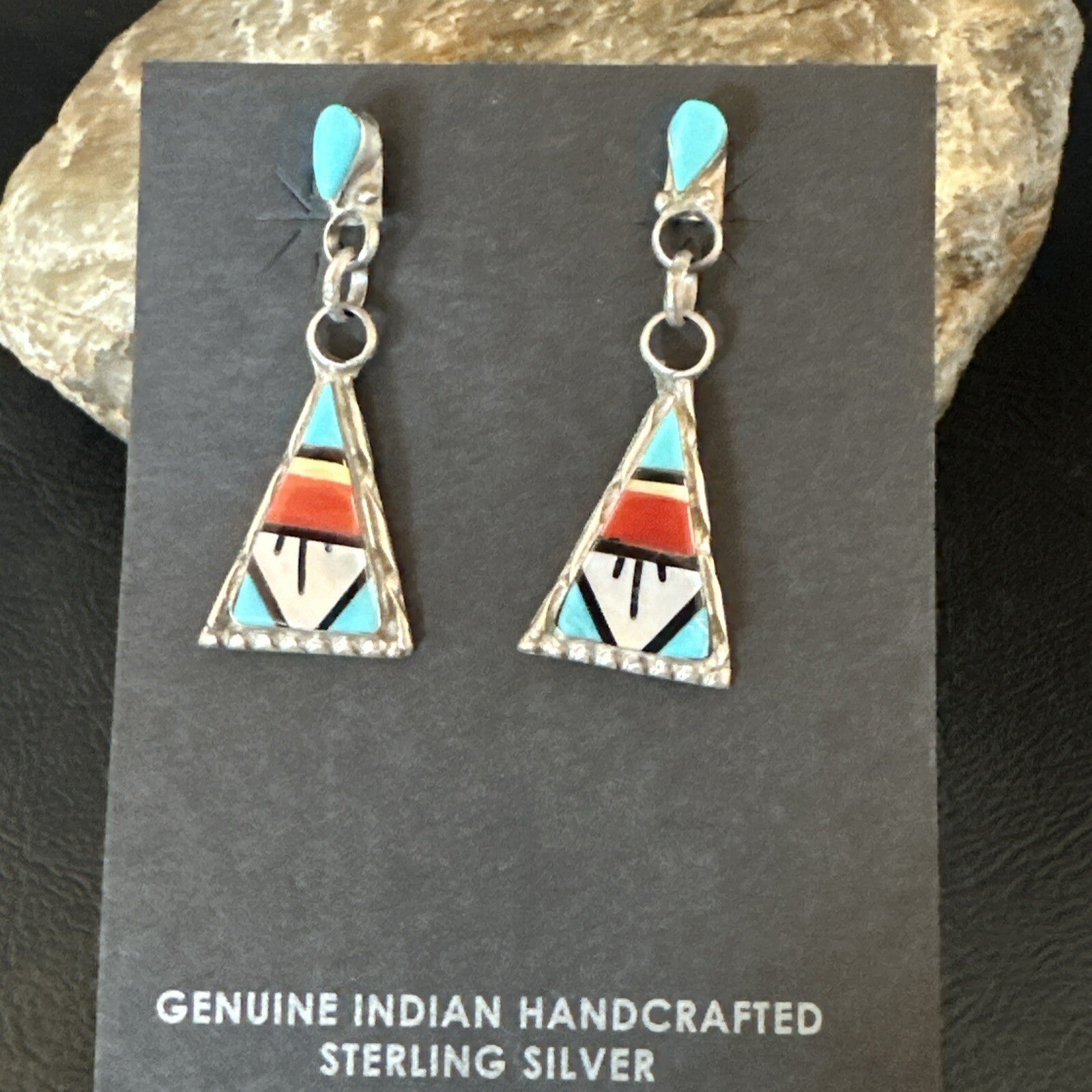 Turquoise Onyx Inlay Zuni Sterling Silver Old Pawn Earrings 00269