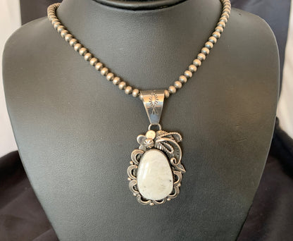 White Buffalo Turquoise Pendant Navajo Pearls Sterling Silver Necklace 10945