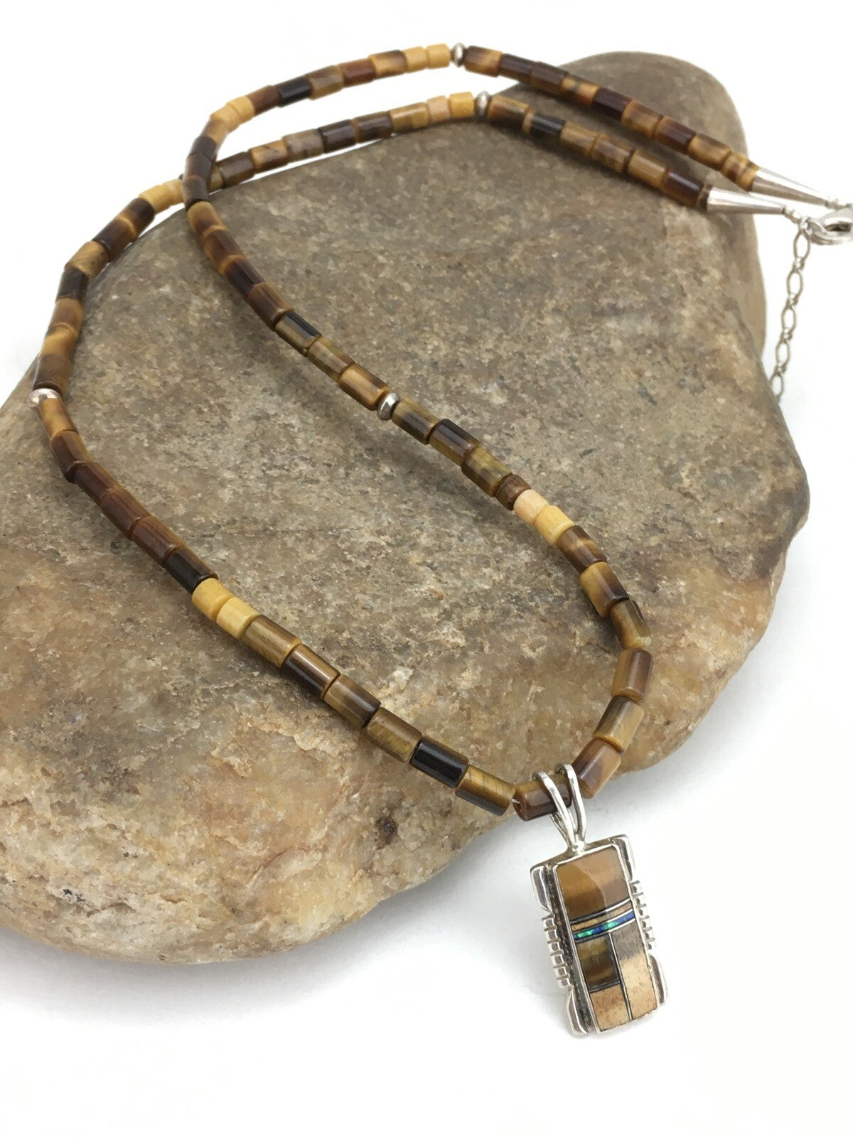 Native Tiger's Eye Inlay Pendant Navajo Sterling Silver 21" Necklace 4895
