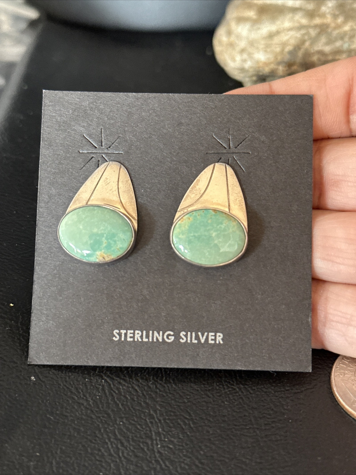 Navajo Green Turquoise Sterling Silver Dangle Earrings 14781