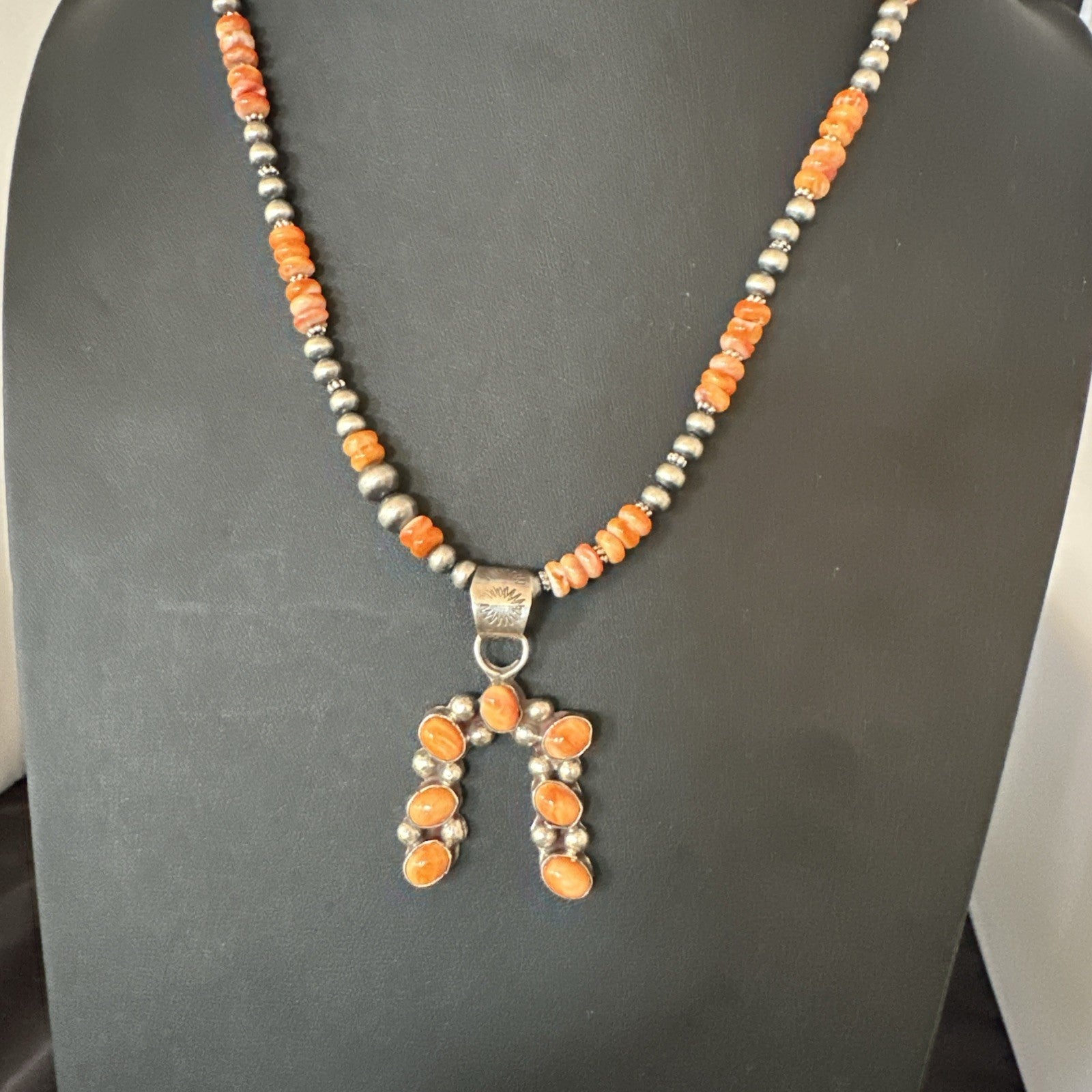 Orange Spiny Oyster Naja Pendant Navajo Pearls Sterling Silver Necklace 19669
