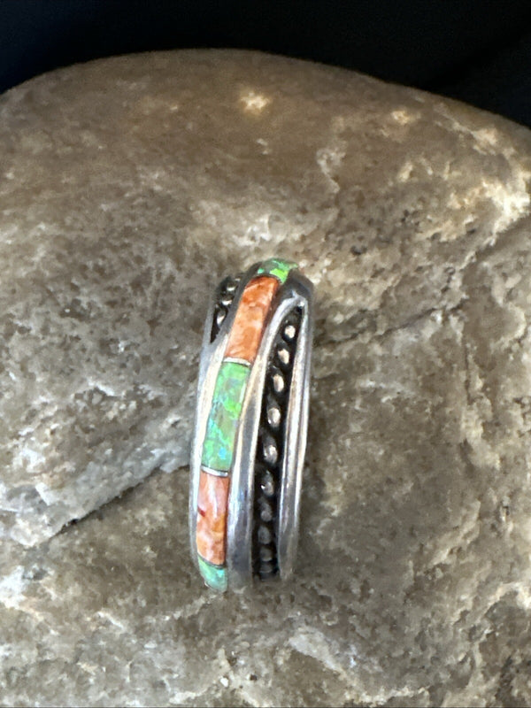 Green Opal Orange Spiny Navajo Band Inlay Ring Size 9 | Sterling Silver | Authentic Native American Handmade | 18811