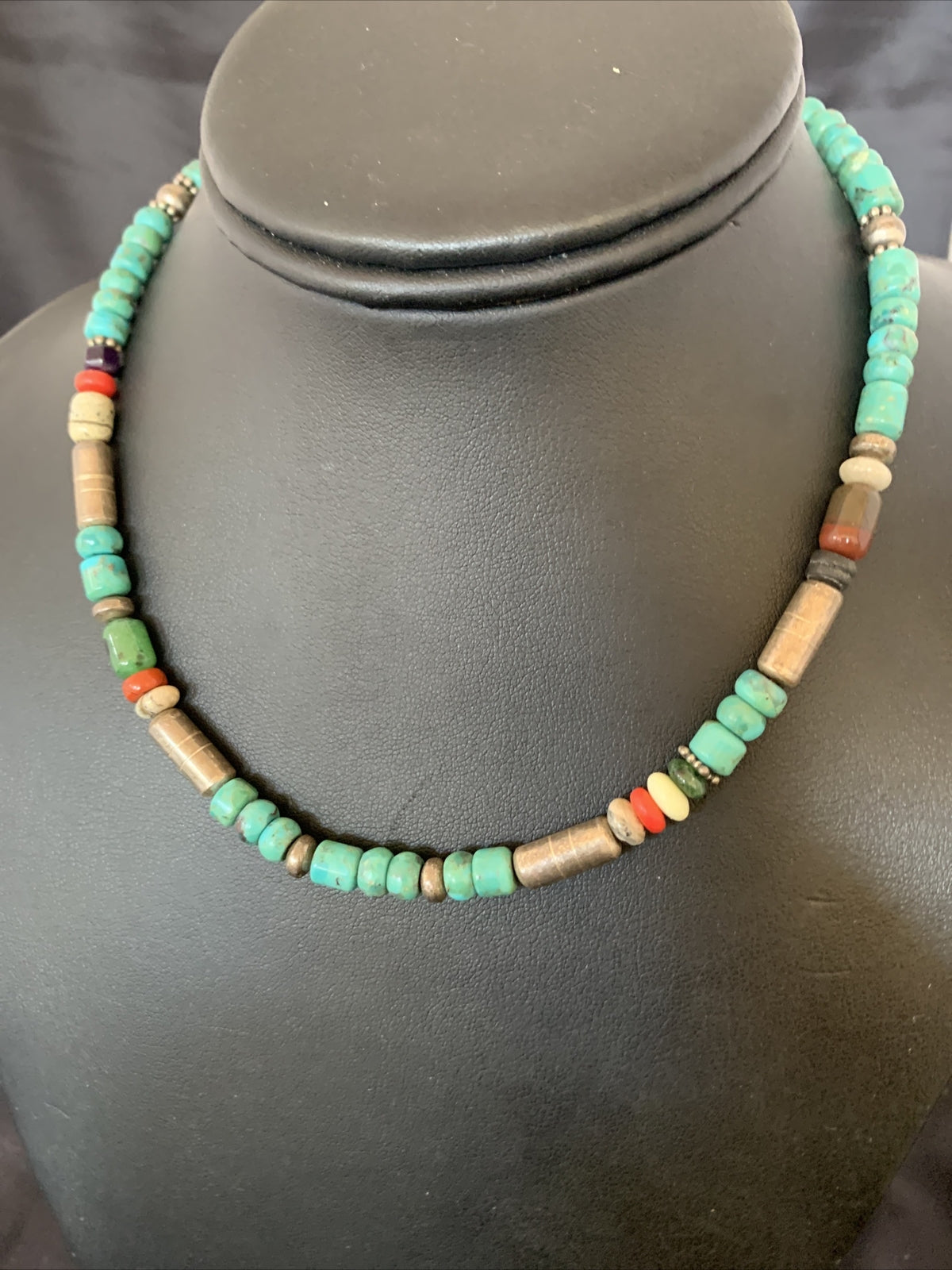 Turquoise Spiny Oyster & Coral Beads Sterling Silver Gold Necklace 10396