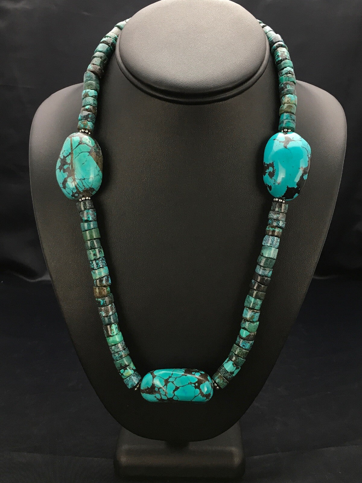 Spider Web Turquoise Heishi Navajo Sterling Silver Beads Necklace 21" 02960