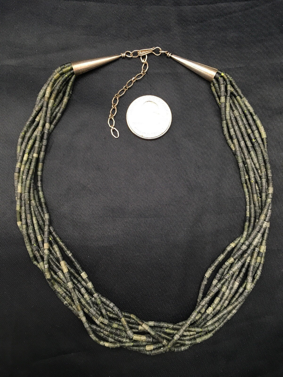 Southwestern Green Agate Heishi 10 Strand Sterling Silver Necklace 16" 04351